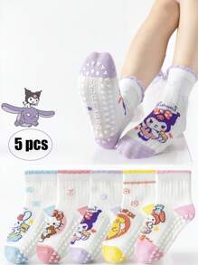 Sanrio 5 perechi de șosete funcționale antiderapante din plasă de poliester moale, respirabile, șosete de podea antiderapante din silicon pentru copii, modele de desene animate Sanrio