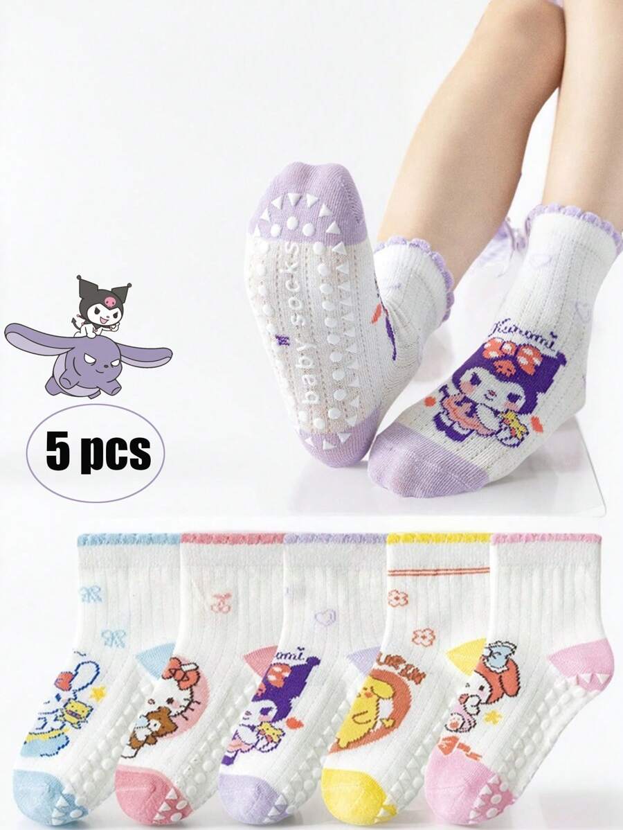 Sanrio 5 perechi de șosete funcționale antiderapante din plasă de poliester moale, respirabile, șosete de podea antiderapante din silicon pentru copii, modele de desene animate Sanrio