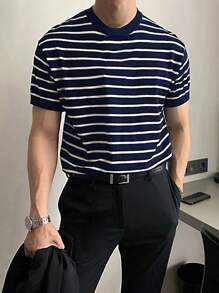 Men's Striped Knit Crew Neck Short Sleeve T-Shirt, Casual & Business Slim Fit, Breathable For Summer