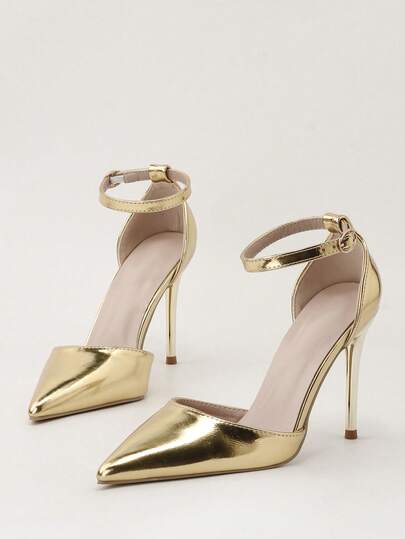 Sandalias de mujer de tacón ultra alto y puntera puntiaguda con correa hueca, de color dorado, elegantes, para fiesta, tacones de aguja, tacones de stiletto