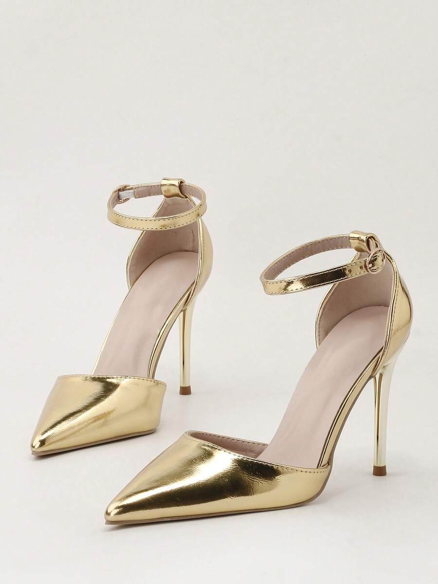 Giày sandal nữ cao gót mũi nhọn, quai khoét rỗng, kiểu dáng tối giản, màu vàng kim, thanh lịch, thích hợp dự tiệc, gót nhọn. - Vàng - Xem 1