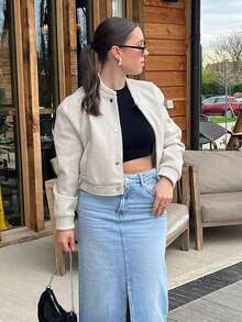 女式宽松米色立领飞行员夹克长袖休闲外套带口袋和前纽扣春秋季外套