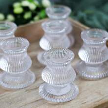 10pcs Glass Tabletop Candle Holders, Clear, Crystal Ribbed, Polished, For Table Centerpiece, Wedding, Advent Wreath, Christmas, Thanksgiving, Dinner