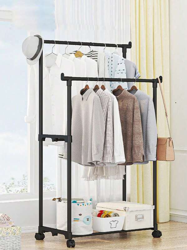 1 pezzo Appendiabiti regolabile su singolo/doppio palo con ruote - robusto e durevole, a più ripiani per riporre vestiti, scarpe, cappelli, adatto per casa e negozio, portabiti da terra, carrello appendiabiti mobile per camera da letto e balcone