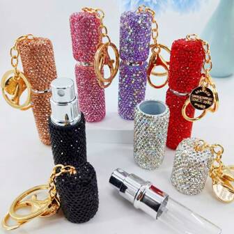 1pc 5ml Perfume Spray Bottle, Rhinestone Decor/With Keychain, Convenient Portable Fragrance Dispenser, Refillable Storage Bottle, Bottom Fill, Automatic Press, Reusable Atomizer Bottle, Portable Cosmetic Container, Suitable For Home Goods, Travel, Birthday Gifts, New Year Gifts, Women Fashion Accessories!