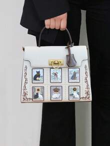 2025新款时尚女士手提包，小众设计单肩托特包，奢华大容量通勤公文包，卡通猫咪印花手提包，百搭休闲单肩包 - 彩色 - 查看 7