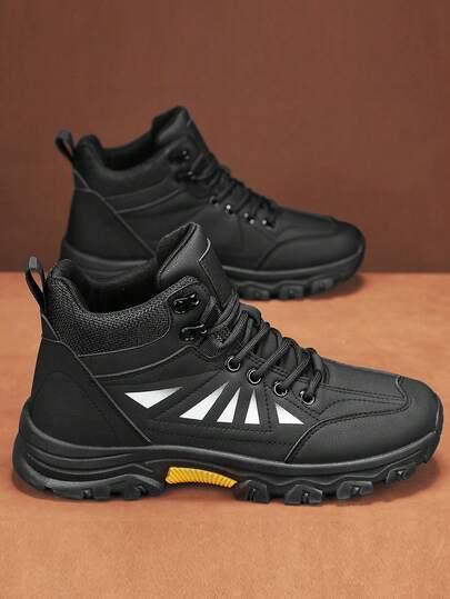 男士徒步鞋户外运动探险厚防滑橡胶底工作安全靴，优质皮革鞋面系带圆头高帮户外鞋，防水舒适柔软内衬贴合脚型，轻便工作靴