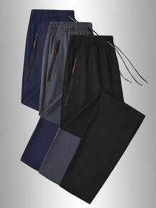 Plus Size Men's Casual Pants, Soft And Comfortable Outdoor Sports Pants With Drawstring And Zipper Pockets, Suitable For Running - Black - View 3