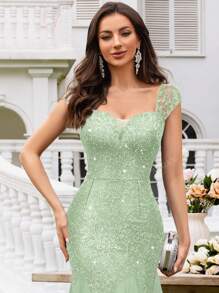 MIUSOL Vestido de fiesta con cuello en V profundo, mangas de tapón, encaje con lentejuelas, contraste de malla y dobladillo escalonado, vestido de fiesta elegante para mujer, vestido de noche formal, vestido de graduación, para invitados de boda, cena