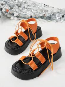 夏季休闲厚底厚底女士凉鞋，露趾防滑绑带坡跟凉鞋 - 橘色 - 查看 5