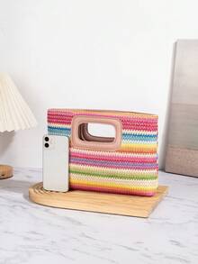 彩色编织包，假日草编包，旅行包，时尚便携收纳包，沙滩包，草编手提包，迷你草编手提包，草编手拿包，草编晚宴包，夏季必备单品，百搭之选，完美适用于女性、女孩、学生、旅行、度假、海滩、节日、派对、礼品 - 彩色 - 查看 3