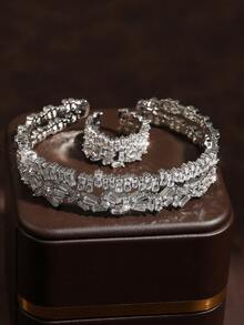 rakol 2pcs Fashionable Cubic Zirconia Asymmetrical Decor Ring And Bracelet Set - Silver - View 3