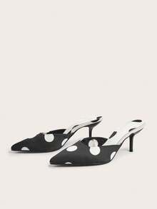 Fall/Winter Minimalist Elegant Black Polka Dot Pointy Toe Backless Stiletto High Heels, Commuting Style,Elegant,Kitten Heels,Mule,Party - Black and White - View 4