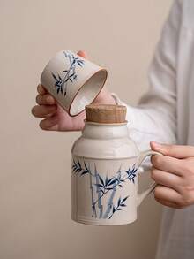 1 套复古大容量茶壶、杯子和盖子，三合一陶瓷茶壶带手柄，热水壶带杯子和盖子，适合家庭、办公室、礼物或旅行返校 - 彩色 - 查看 12