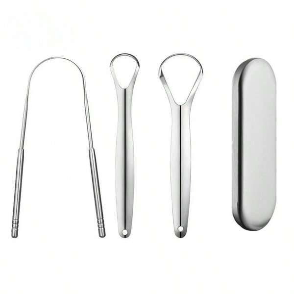 Set de 3 raspadores de lengua de acero inoxidable para eliminar el revestimiento de la lengua y reducir el mal aliento, herramientas de limpieza oral, kit de limpieza bucal fácil de usar