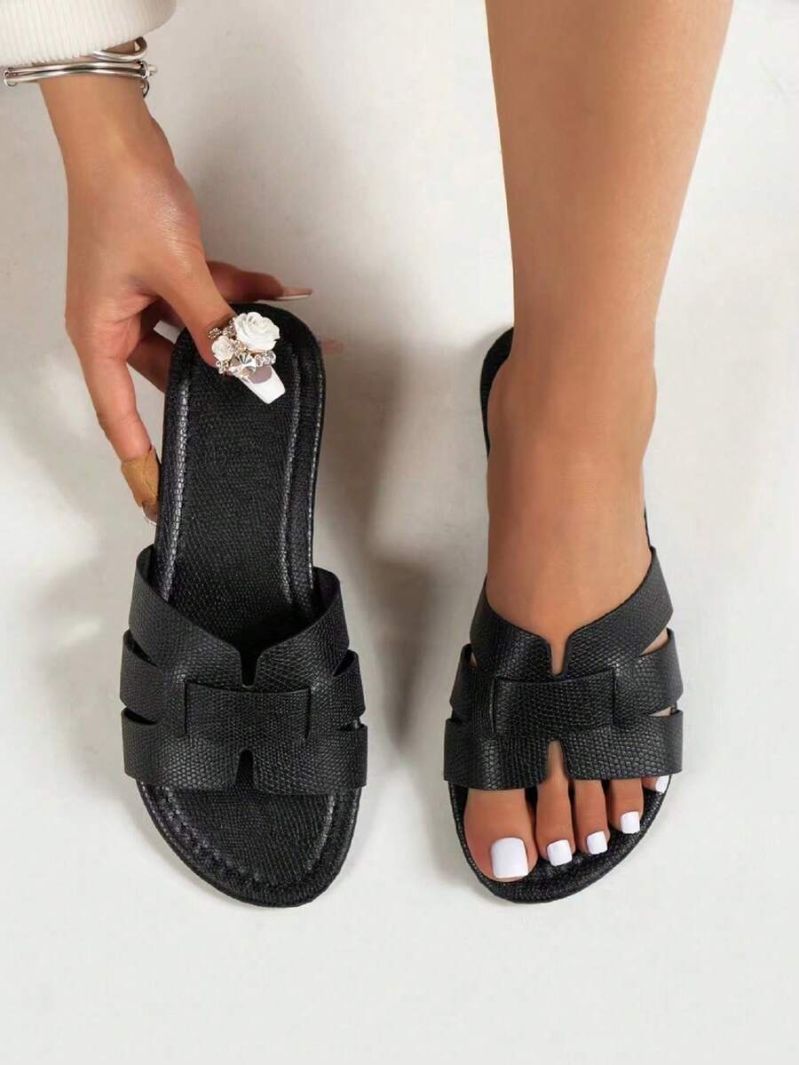 Sandalias planas para mujer, diseño de punta redonda, sandalias de estilo romano abiertas de moda y casuales, sandalias planas versátiles - Negro - Ver 1