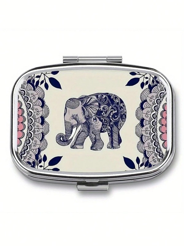 1pc Elegant Elephant Design Compact 2-Compartment Metal Pill Case Box, Floral And Paisley Pattern, Suitable For Wallet Or Pocket, Travel Accessories And Unique Gift, Wallet Pill Box