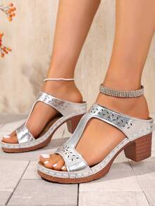 Women's Peep-Toe High Heel Sandals, Knotted Design, Breathable Perforated Side, Lightweight & Comfortable, Suitable For Daily, Outdoor, Commute, Office, School, Formal Events, Summer Fashion Versatile, Elegant, Beige, Gray, Pink High Heel Sandals - Silver - View 2
