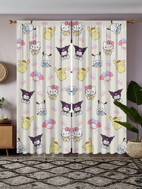 Sanrio 2pcs Sanrio Themed Sheer Curtain With Hello Kitty & Kuromi Designs, Polyester Material With Rod Pocket, Cartoon Print Curtains Suitable For Bedroom, Office, Living Room, Home Decor