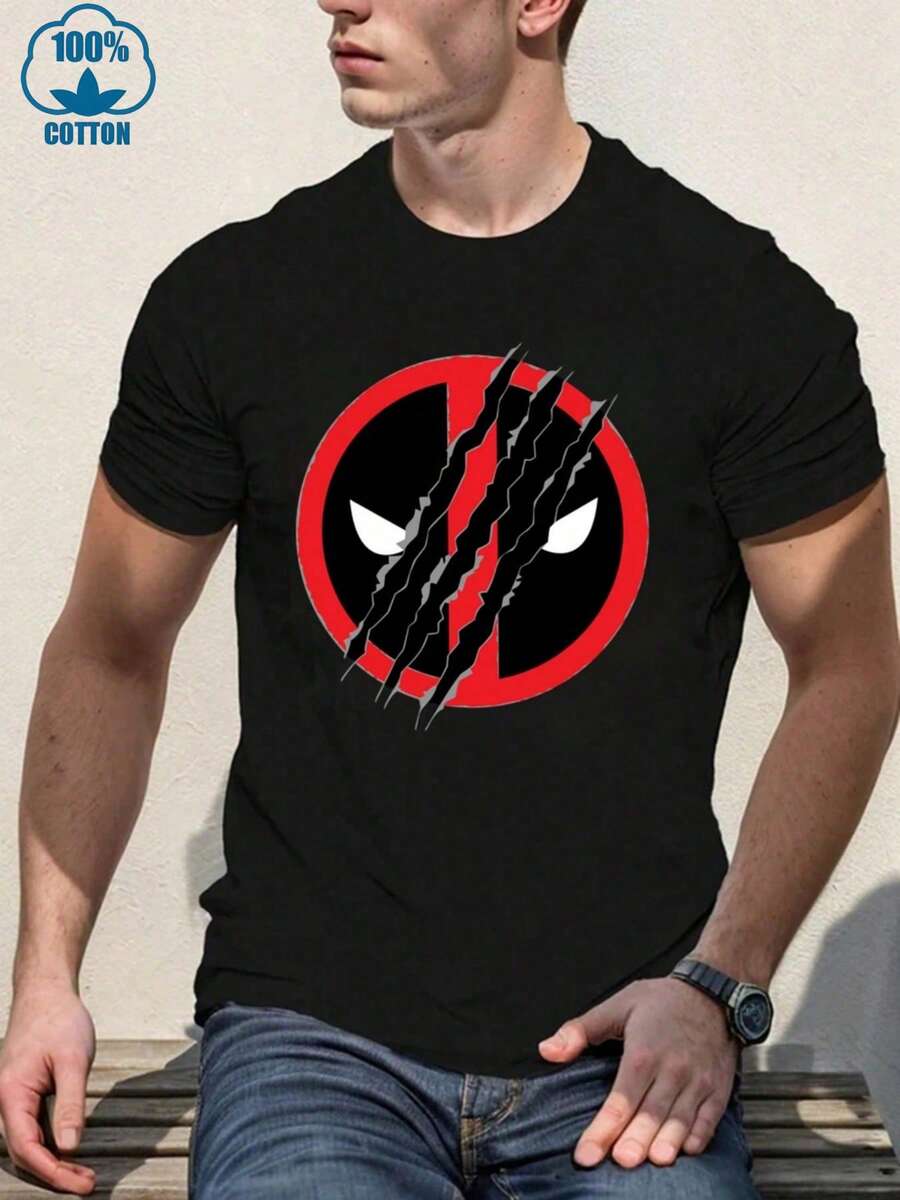 1Pcs Men's Casual Crew Neck Short Sleeve 100% Cotton Tee With Edgy Deadpool Logo Digital Print 220g Heavyweight T-Shirt - 黑色 - 查看 1