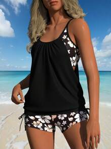 2pcs Fashionable Women Swimsuit Set, Full Cup Adjustable Spaghetti Strap Exposed Shoulder & Back, Printed Swim Shorts, Elegant Sexy, Hawaii Holiday Style, Summer Beach Vacation