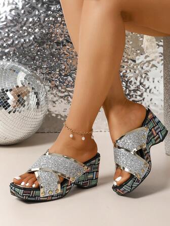 Women's Canvas Criss-Cross Strap Rhinestone Decorated Slip-On Sandals, Vacation Style, Outdoor Casual Comfortable Wedge Slides