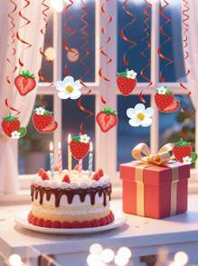 Strawberry Theme Summer Fruit Birthday Party Decoration Set Swirl Hanging Tags Cake Toppers Flag Banner Perfect For Celebrations And Festive Events Ideal Birthday Party Decoration Set