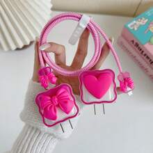 5 件 Apple 20W 充电器保护器和 18W 线缆保护器、3D 心形和蝴蝶结装饰、粉色充电器配件、手机配件 - 玫紅色 - 查看 3