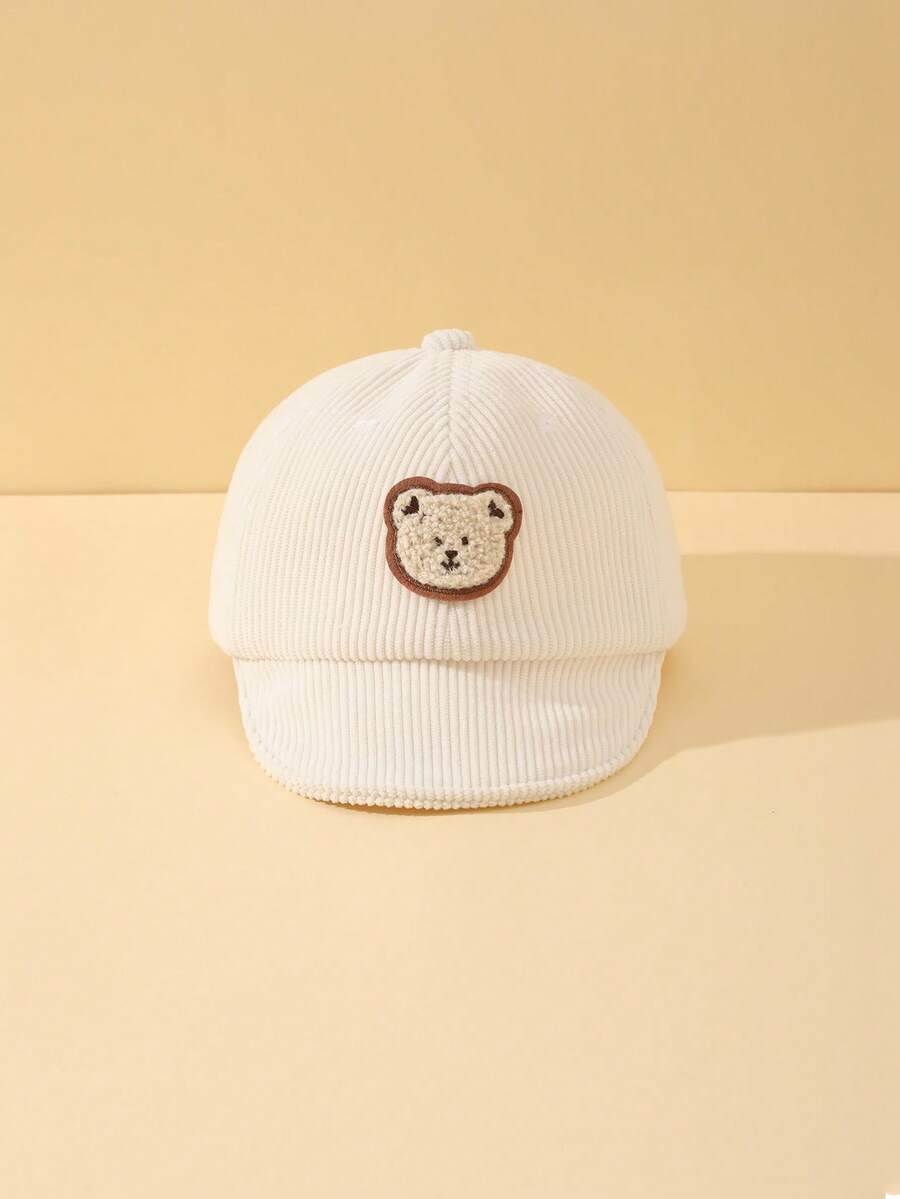 1 件装小熊装饰灯芯绒太阳帽棒球帽，适合男孩和女孩日常使用 - 白色 - 查看 1