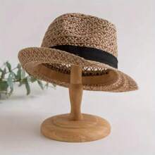 1pc Breathable Mesh Fedora & Straw Hat - Outdoor Sun Protection, Casual Style Unisex, Coffee Brown With Black Ribbon Details, Breathable Material Casual Headwear | Fashionable Brimmed Hat | Mesh Material Hat, Sun Protection Shiny Boho Grass