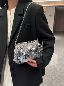 1pc Sequin Chain Strap Underarm Shoulder Bag, Personalized Texture Simple Chic Clutch Purse, Versatile For Evening - Bright silver - View 2