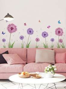 2pcs PVC Wall Sticker, Purple Dandelion Pattern Wall Decal For Home Easter