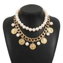 Vintage Portrait Coin Pendant With Tassel & Double-Layer Faux Pearl Necklace, Design