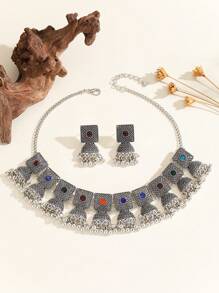 3pcs/Set Elegant Boho Style Rhinestone Jewelry Set, Includes Necklace Pendant & Jhumka Earrings, Traditional Accessories, Suitable For Women's Daily Wear, Festivals, Weddings And Parties/Jewelry Gift