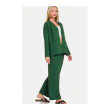 Zenana Quilted Button Up Long Sleeve Top And Pants Lounge Set - Dark Green - View 2