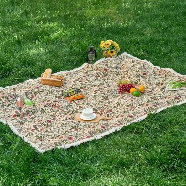 1pc Woven Jacquard Tassel Trimming Picnic Mat/Beach Towel/Tablecloth