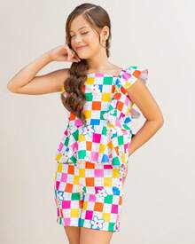 Conjunto Bella Xadrez Quadriculado Infantil Juvenil, Roupa Menina tam. 4, 6, 8, 10, 12, 14 fresco e leve Festa Junina - Azul e Branco - Visão 2