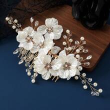 1 Stück Damen Retro Zinklegierung Weiß Muschel Blume Handgefertigt Perlen Kristall Haarkamm, Koreanischer Stil Braut Hochzeitskleid Kopfschmuck