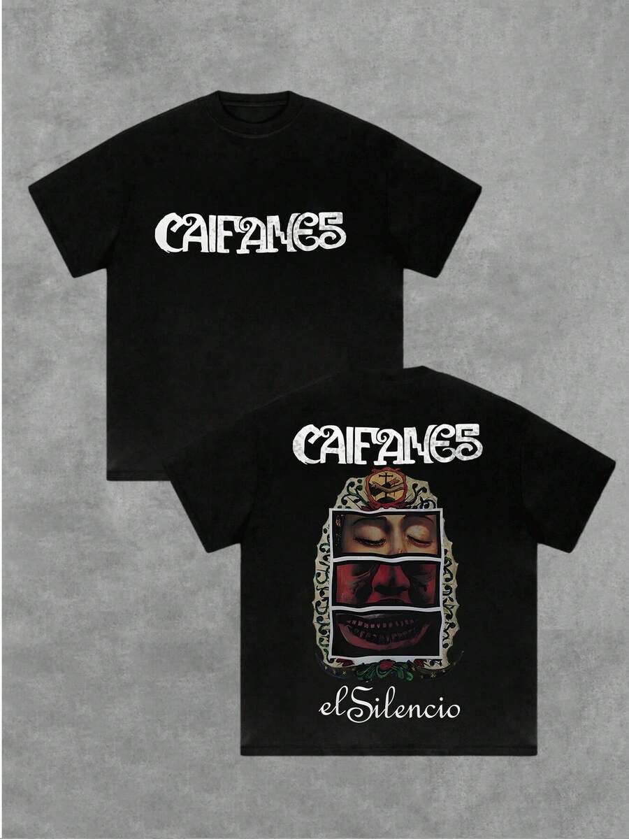Camiseta gráfica para hombre de 100% algodón Caifanes, de doble impresión, 220g - Negro - Ver 1