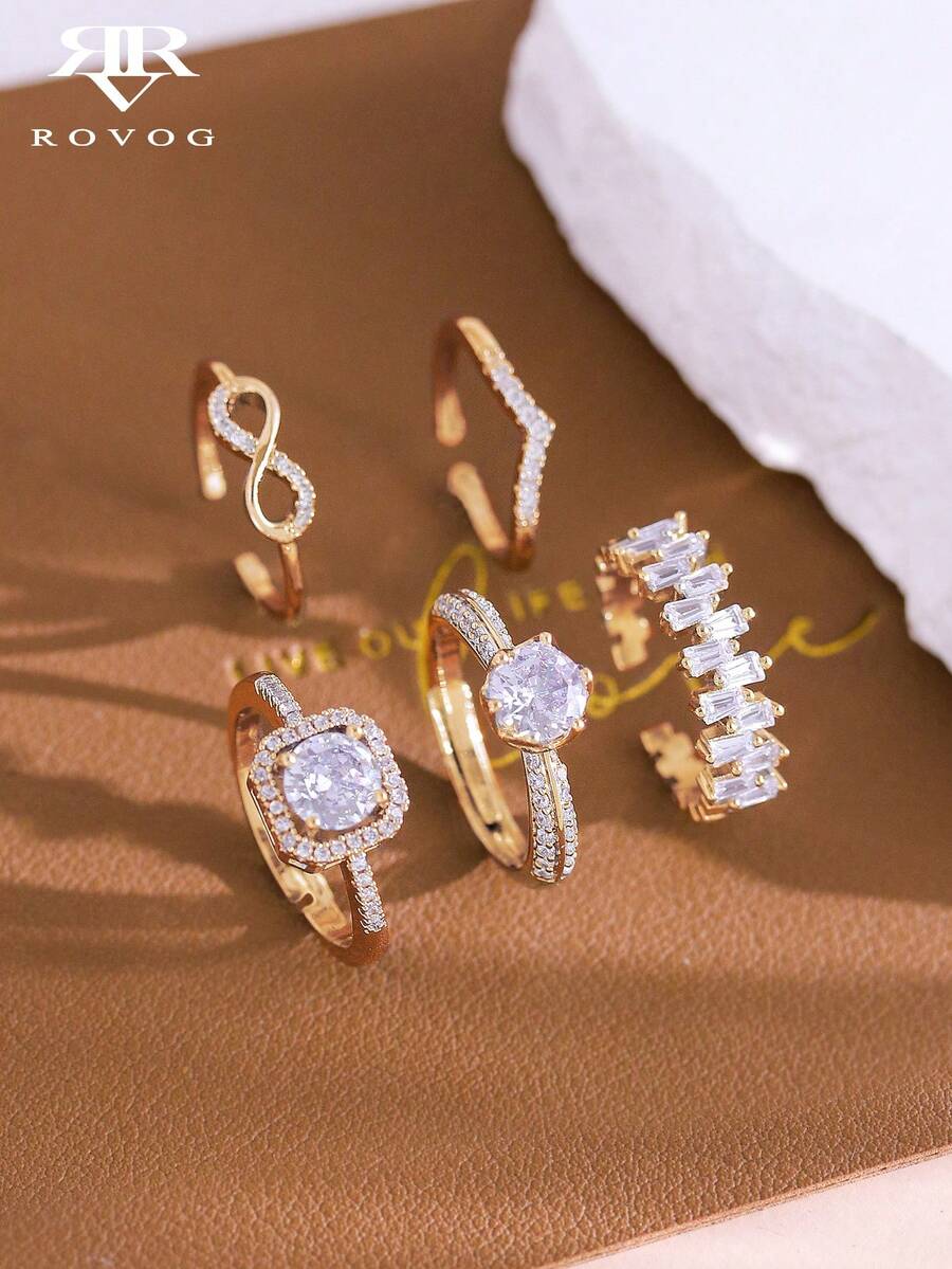 5 件套优雅几何锆石戒指套装，精致奢华精致女士婚礼派对珠宝 - 金黃色 - 查看 1
