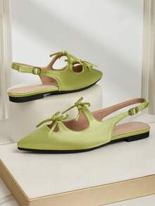 Nuove ballerine donna a punta aperta, con design forato e traspirante, slip-on, con fiocco semplice alla francese, monocromatiche, alla moda e carine, adatte per tutto l'anno - Verde pastello - Visualizzare 3