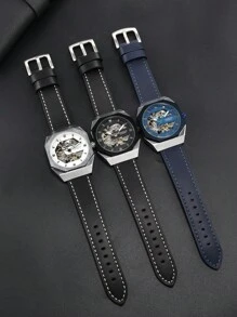 LONGLUX 1pc Men's Automatic Mechanical Watch With Leather Strap, Water-Resistant, Casual, Carved Hollow Movement Watch