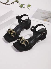1 Pair Fashion Women Chunky Heel Sandals, Solid Color Open Toe, Simple & Stylish, Suede Covered Heel, Fashionable European And American Design - 金黑 - 查看 6