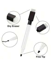[可重复书写] 12支可擦黑板笔，高品质黑芯白板笔，黑/白笔身，可重复使用水性墨水，带毛刷，返校，带毛刷办公教学白板笔，返校颜色和款式随机
