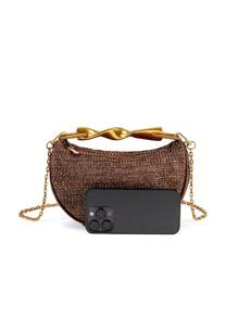 Geantă de paie cu mâner metalic la modă, stil casual de vacanță, geantă de mână simplă pentru femei, potrivită pentru plajă, articole esențiale de călătorie, utilizare în vacanță, accesorii de plajă perfecte pentru femei