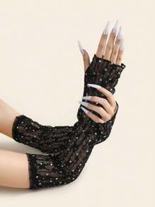 1 Paar Frauen Ganzarm Handschuhe mit vollständigem Strass, neue Vintage Stil Mesh Spitzen lange Braut Hochzeitskleid Handschuhe, schwarz