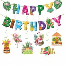1 set Striscione di carta per Compleanno Tropicale Hawaiano - Disegni colorati di fiori hawaiani e foglie di palma, per celebrazioni estive sulla spiaggia e feste a tema luau, decorazioni da appendere per interni/esterni