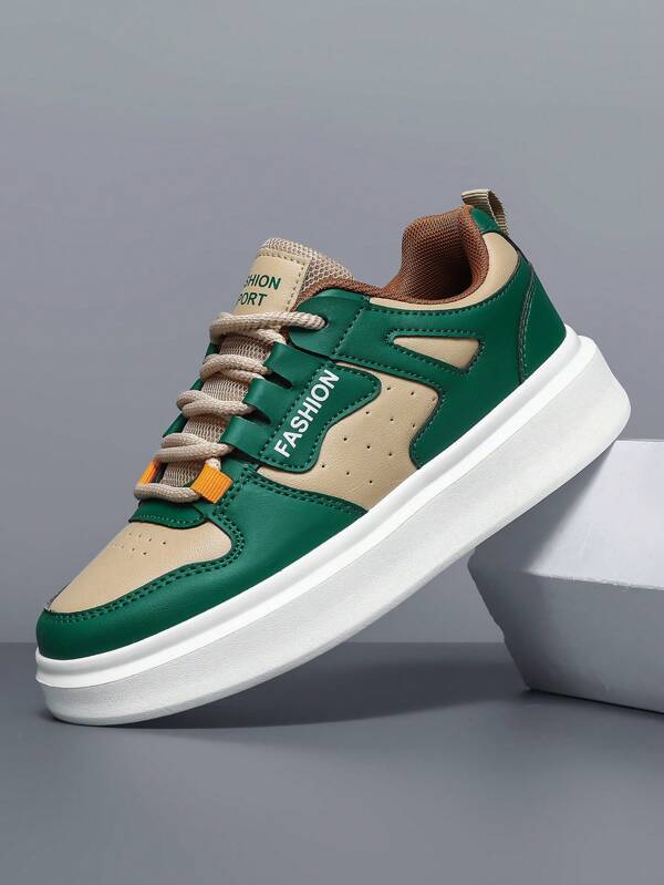 Men's Skate Shoes, 2025 New Style, Thick Sole, Elevator, Non-Slip, PU Leather, Waterproof, Oil-Resistant, Low-Top, Lace-Up, Colorblock, Letter Print, Fashionable And Versatile, Youth Outdoor Casual Shoes, Soft And Comfortable