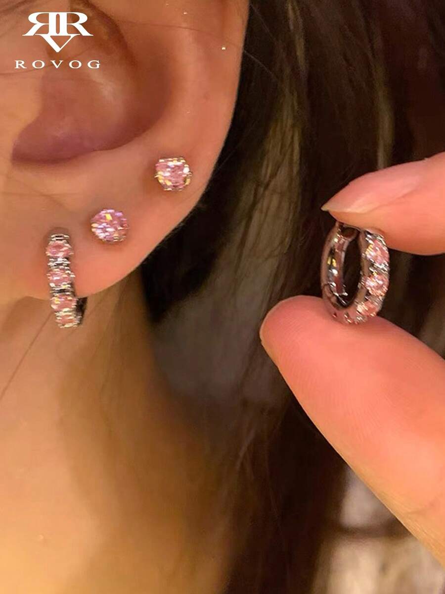2 Pairs Elegant Geometric Round Simple Copper Hoops With Cubic Zirconia Inlaid, Minimalist Style Ladies' Daily Earrings