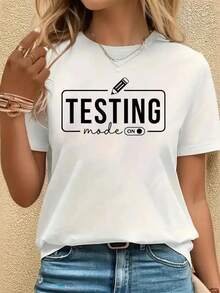 Test Day Teacher Shirt Testing Mode On Gifts For Women Kids T-Shirt, Casual Crew Neck Short Sleeved Summer Top,White T-Shirt - 白色 - 查看 1